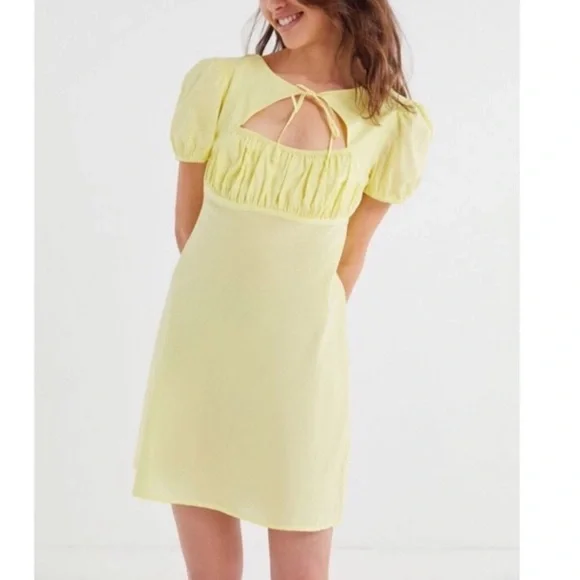 NWT Urban Outfitters Yellow Linen Puff Sleeve Dress
